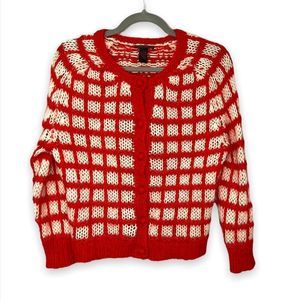 Lucky Brand | Mohair Wool Blend Button Up Plaid Red Cardigan